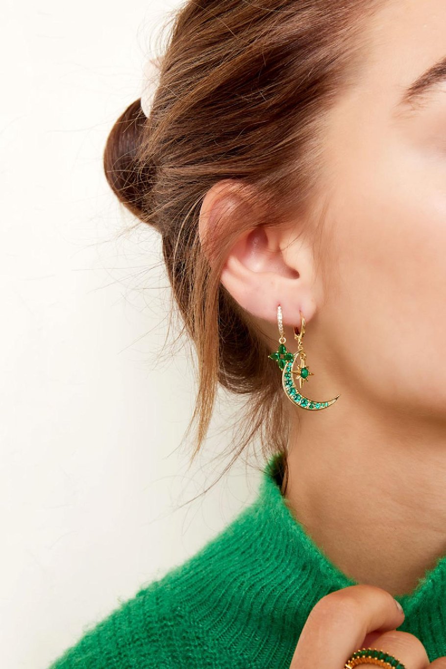 Earrings moon and star - Sparkle collection Green & Gold Color Copper h5Picture3